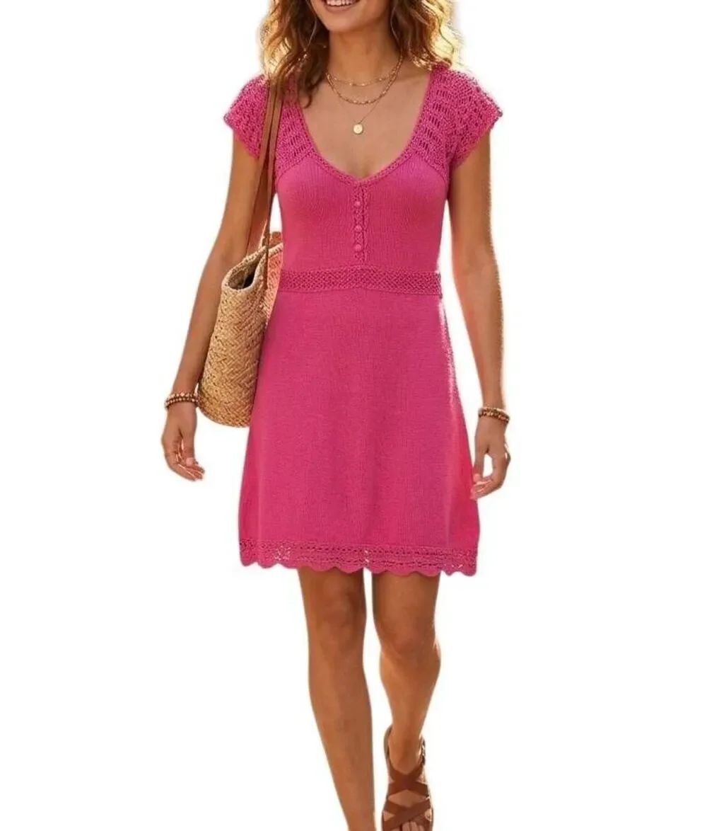 Atmosphere Bright Fuschia pink cotton crochet trim knit summer dress 10 M
